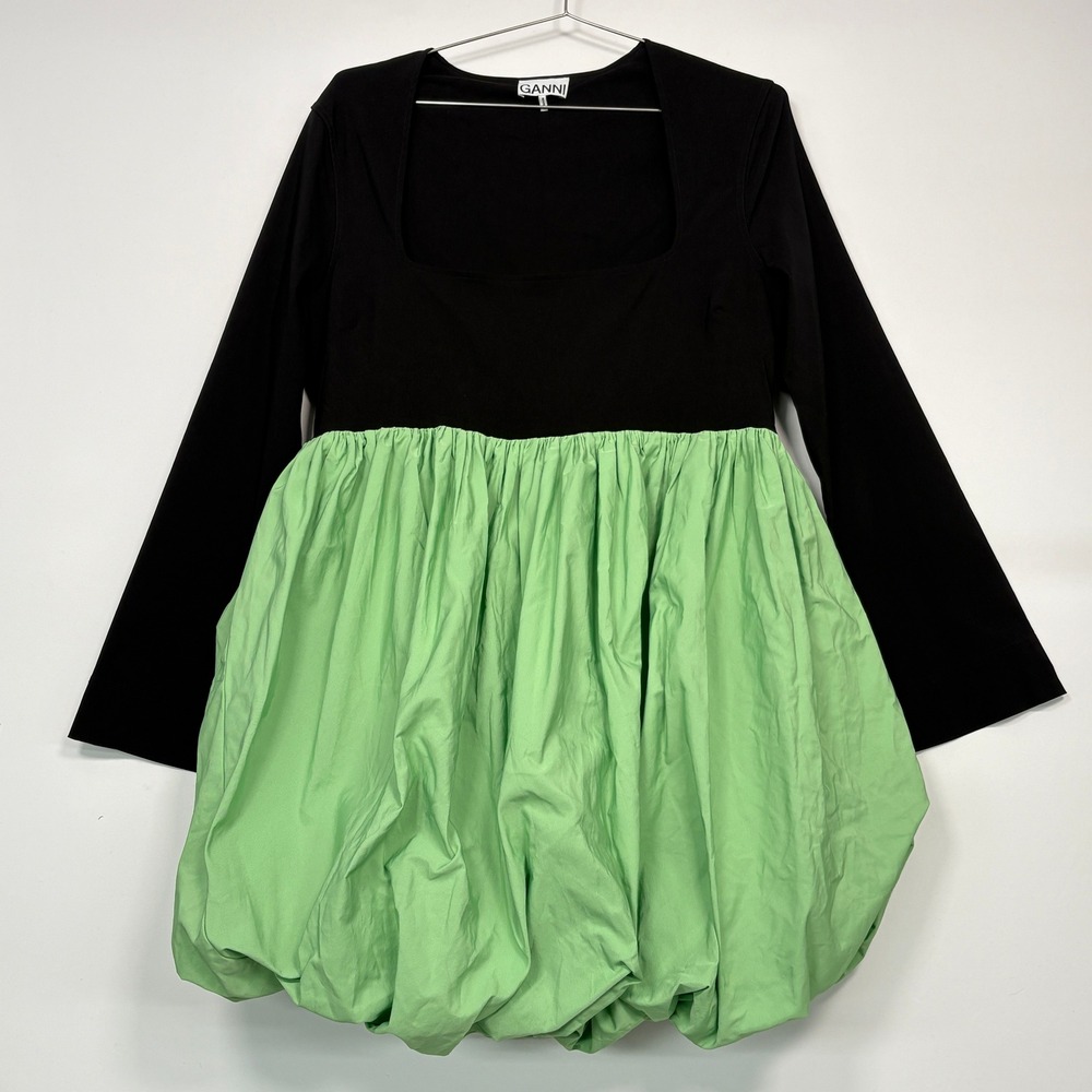 Ganni Women Taffeta Balloon Mini Dress 44 Black Green Square Neck Bubble Skirt